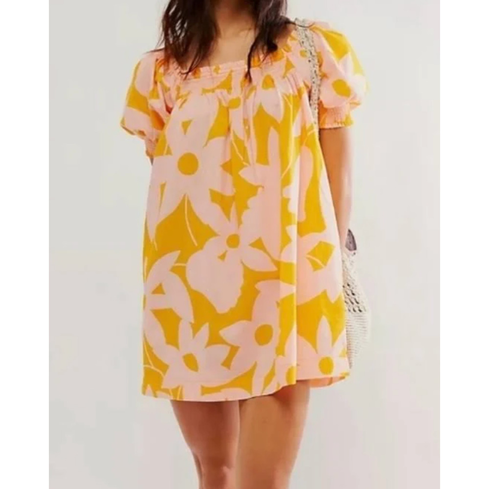 NEW FREE PEOPLE TANGERINE COMBO FLORAL MILA PRINTED MINI DRESS SZ S
